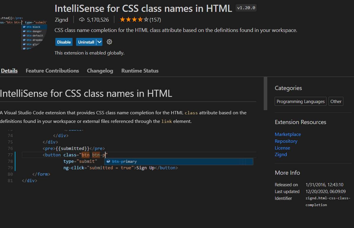 IntelliSense for CSS class names
