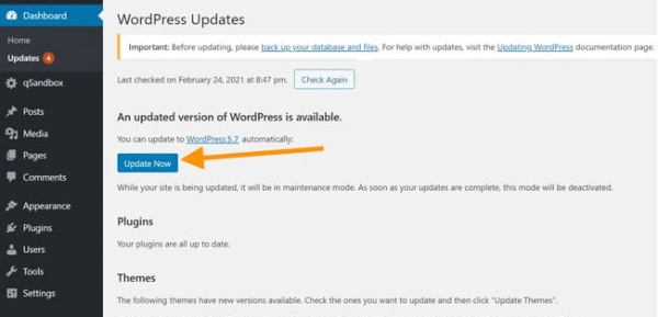 Cập nhật phiên bản WordPress qua Admin Dashboard